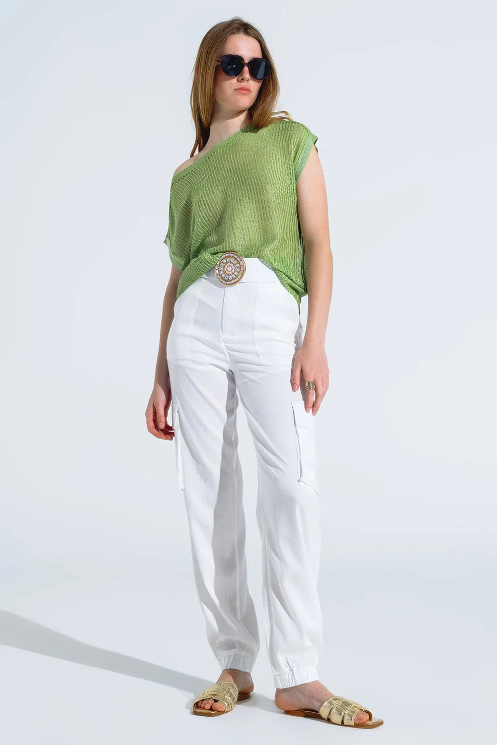 Boat Neck Ribbed Sweater With Cap Sleeves in Green