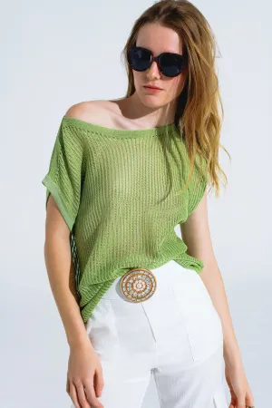 Boat Neck Ribbed Sweater With Cap Sleeves in Green