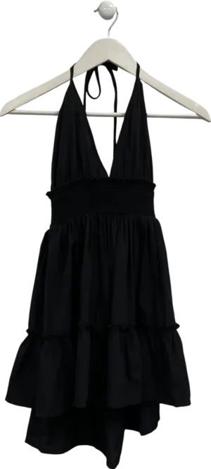 boohoo Black Ruched Waist Frill Halter Neck Beach Dress UK 10