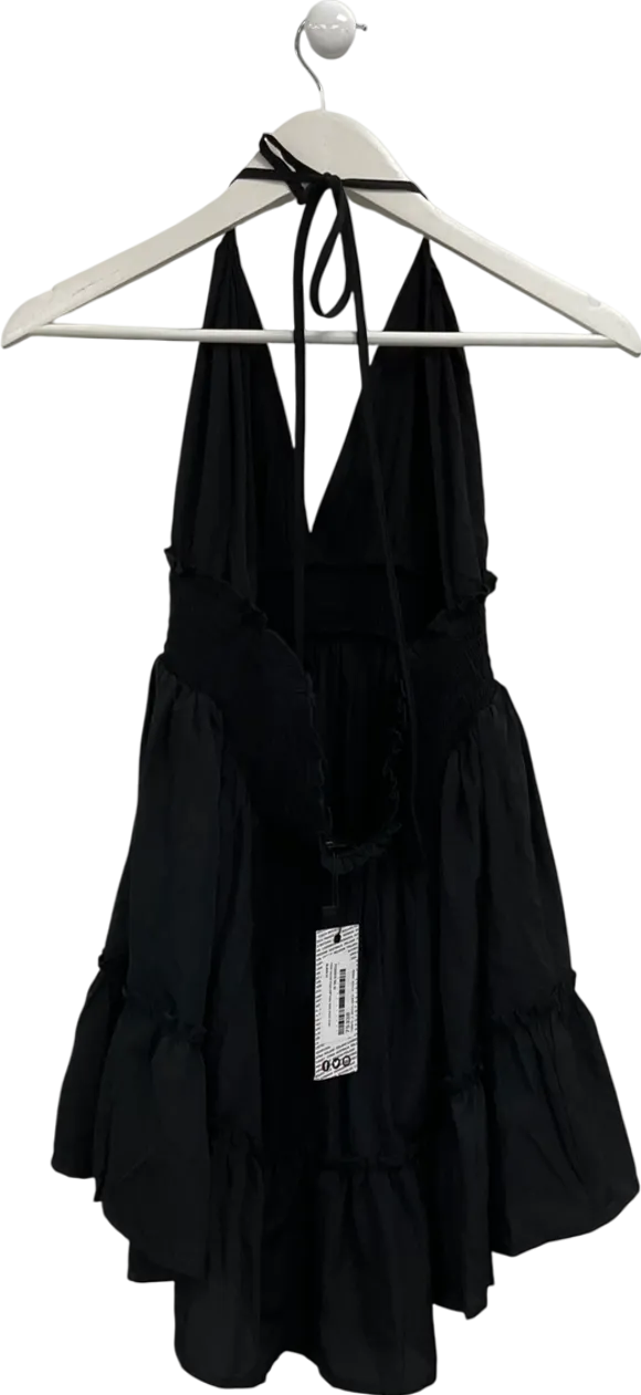 boohoo Black Ruched Waist Frill Halter Neck Beach Dress UK 10