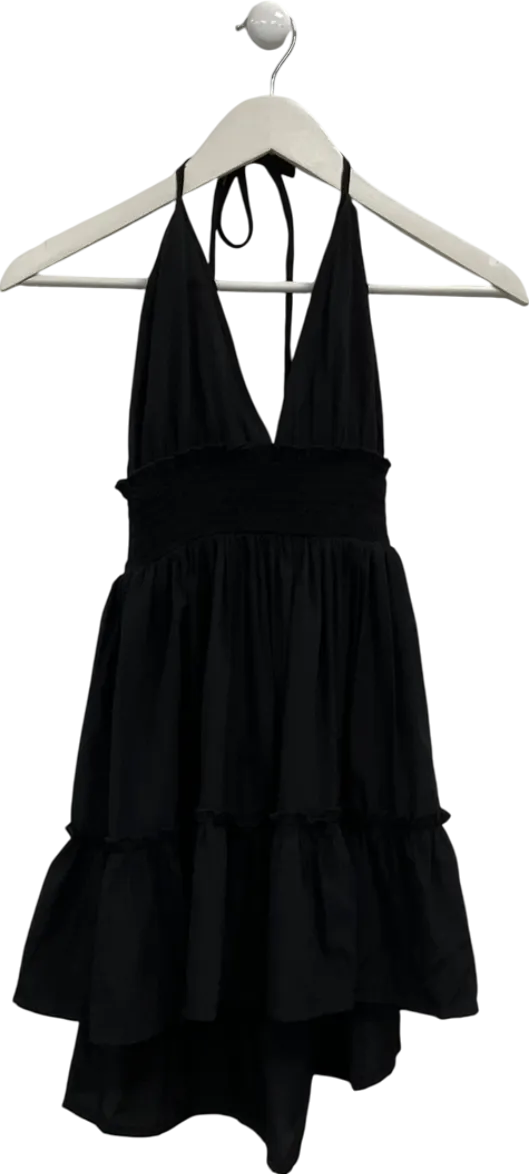 boohoo Black Ruched Waist Frill Halter Neck Beach Dress UK 10