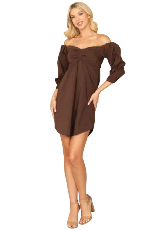 Brown Off Shoulder Ruched Front Curve Hem Solid Mini Dress - Pack of 5