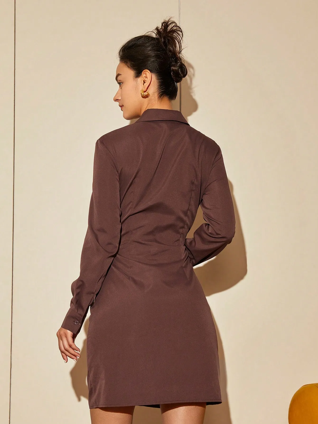 Brown Ruched Shirt Dress
