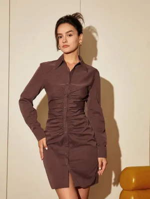Brown Ruched Shirt Dress