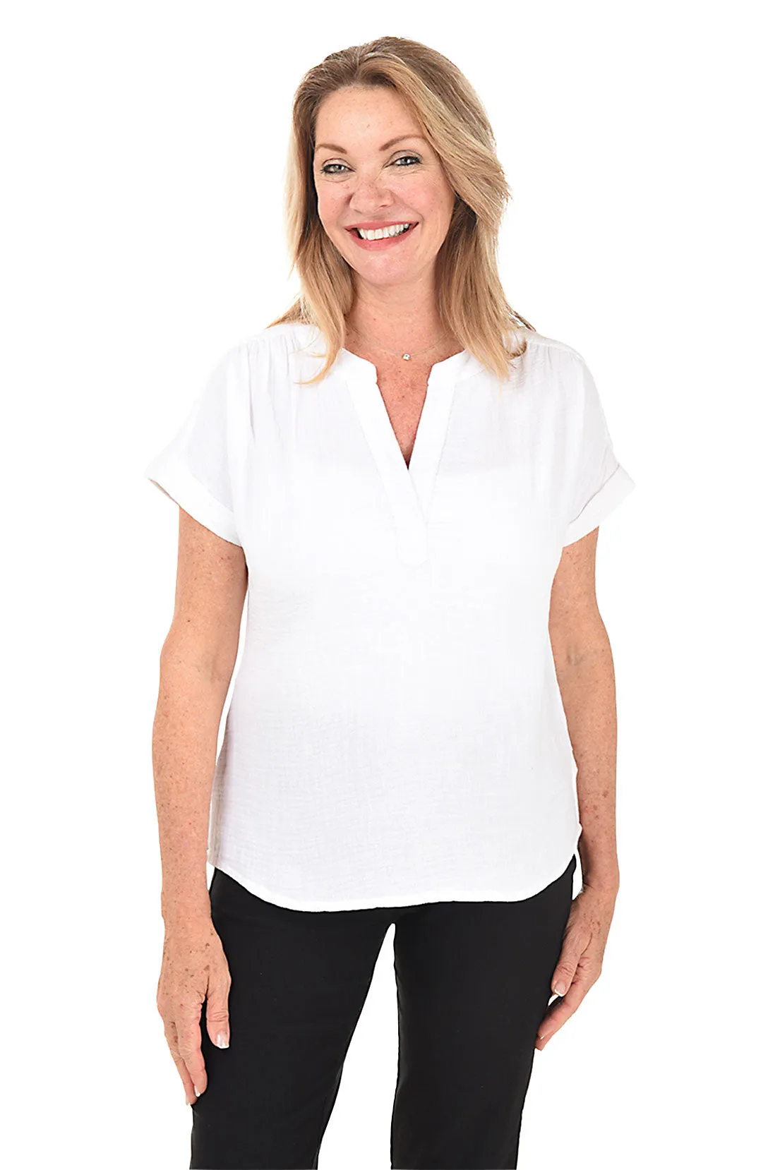 Bubble Gauze Rolled Short Sleeve Blouse