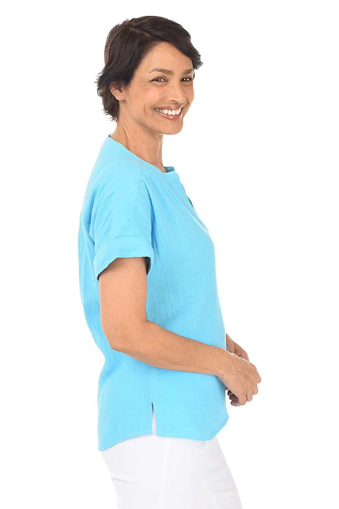 Bubble Gauze Rolled Short Sleeve Blouse