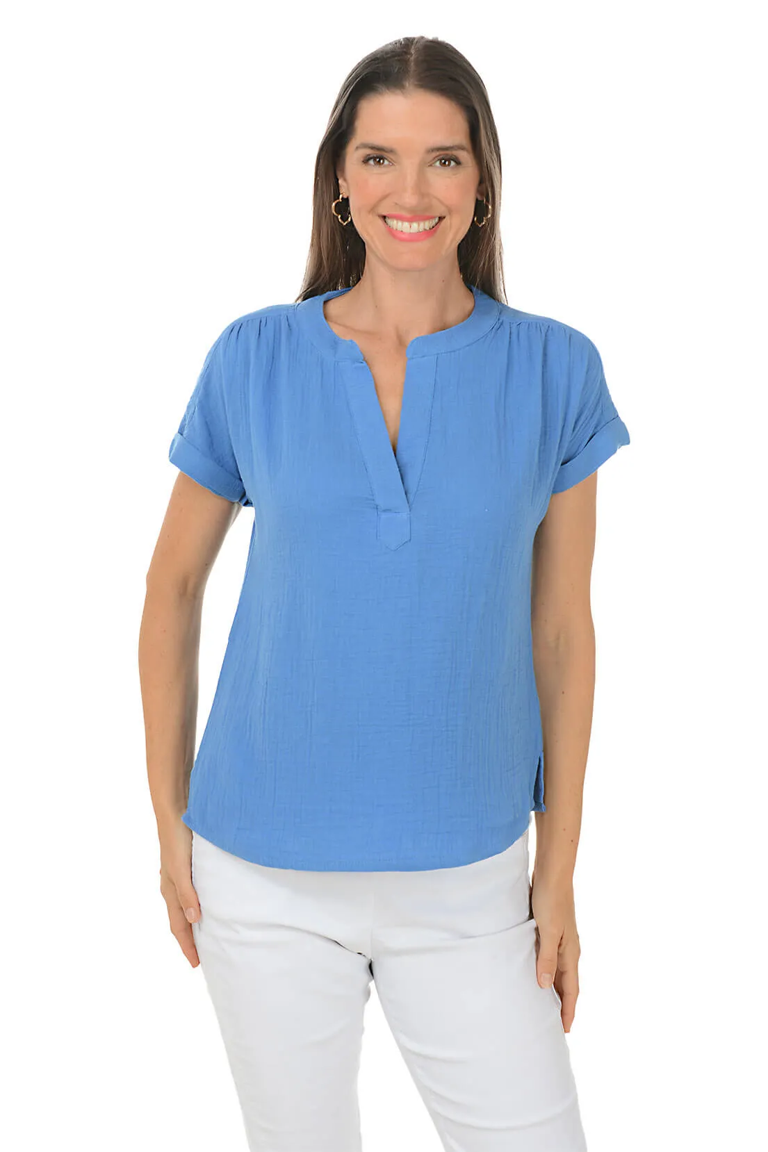 Bubble Gauze Rolled Short Sleeve Blouse