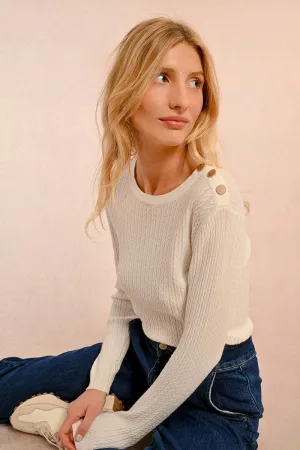 CABLE-KNIT SWEATER, BUTTONED SHOULDER TAB