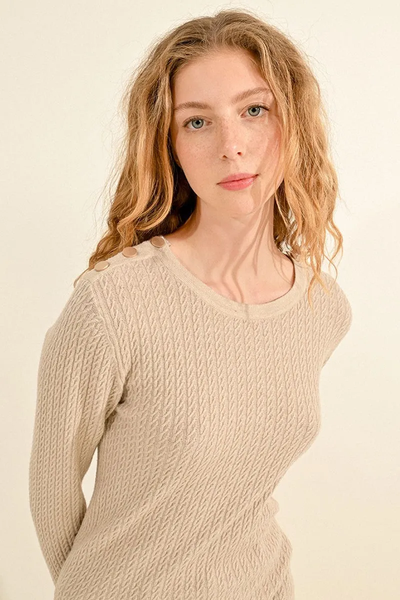 CABLE-KNIT SWEATER, BUTTONED SHOULDER TAB