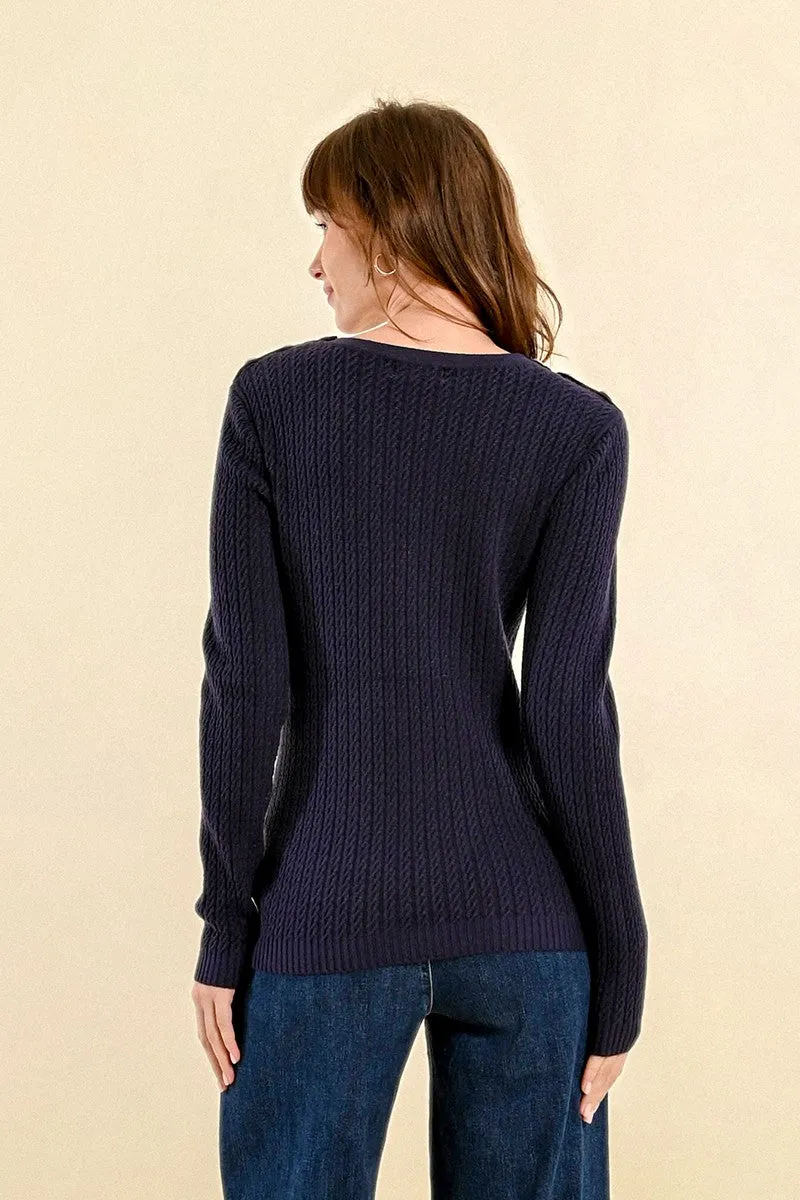 CABLE-KNIT SWEATER, BUTTONED SHOULDER TAB
