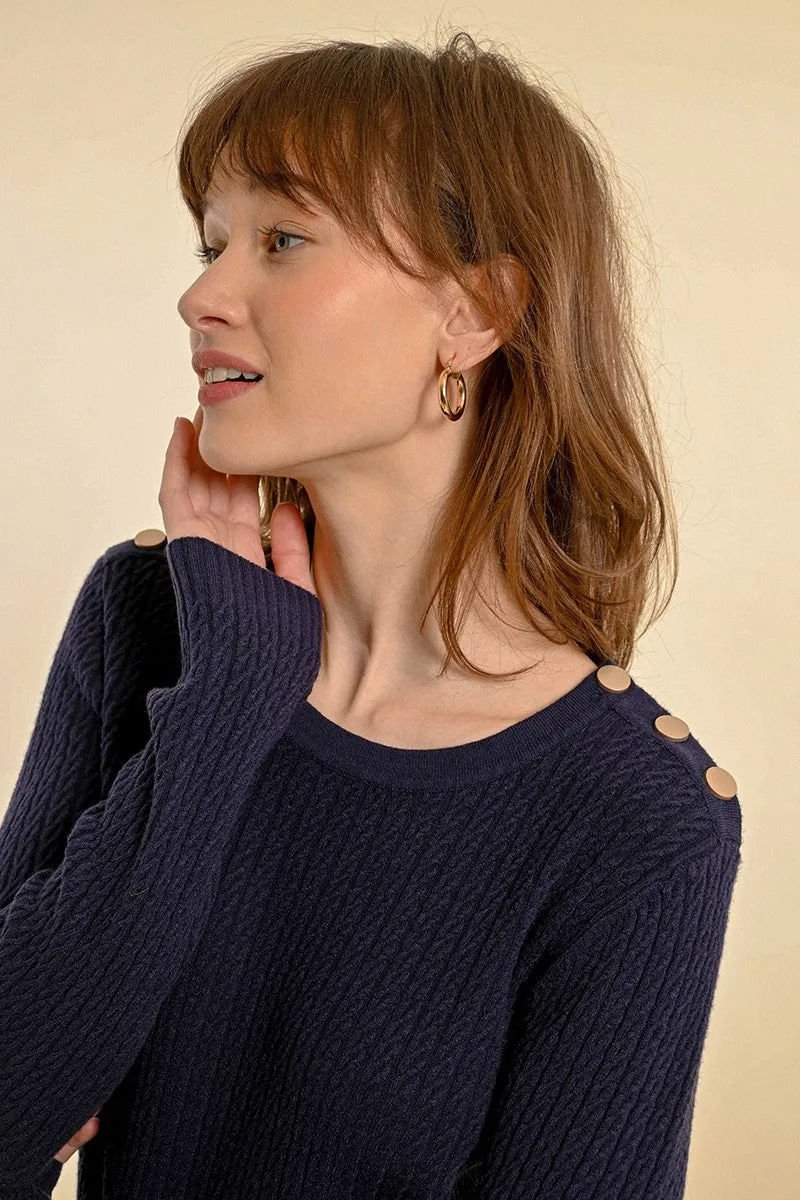 CABLE-KNIT SWEATER, BUTTONED SHOULDER TAB