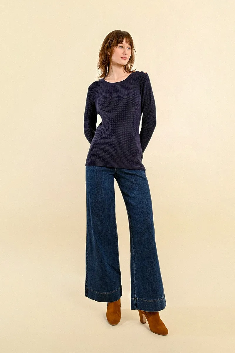 CABLE-KNIT SWEATER, BUTTONED SHOULDER TAB