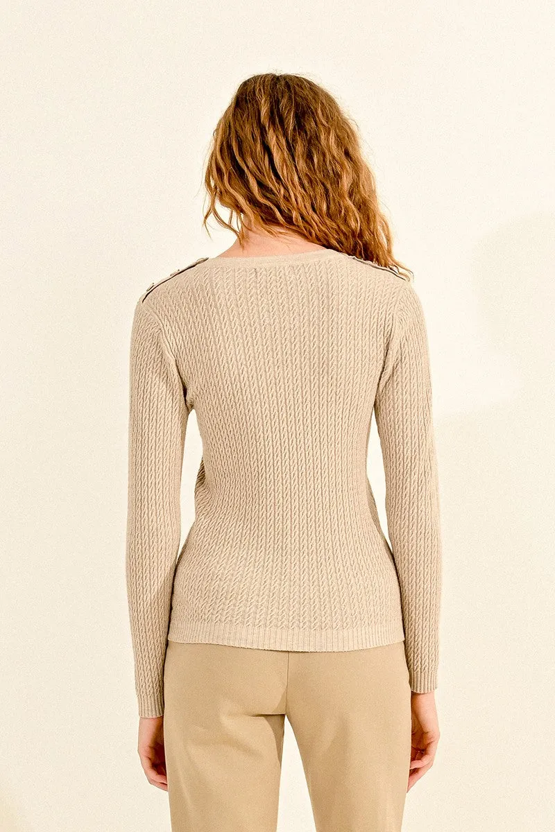 CABLE-KNIT SWEATER, BUTTONED SHOULDER TAB