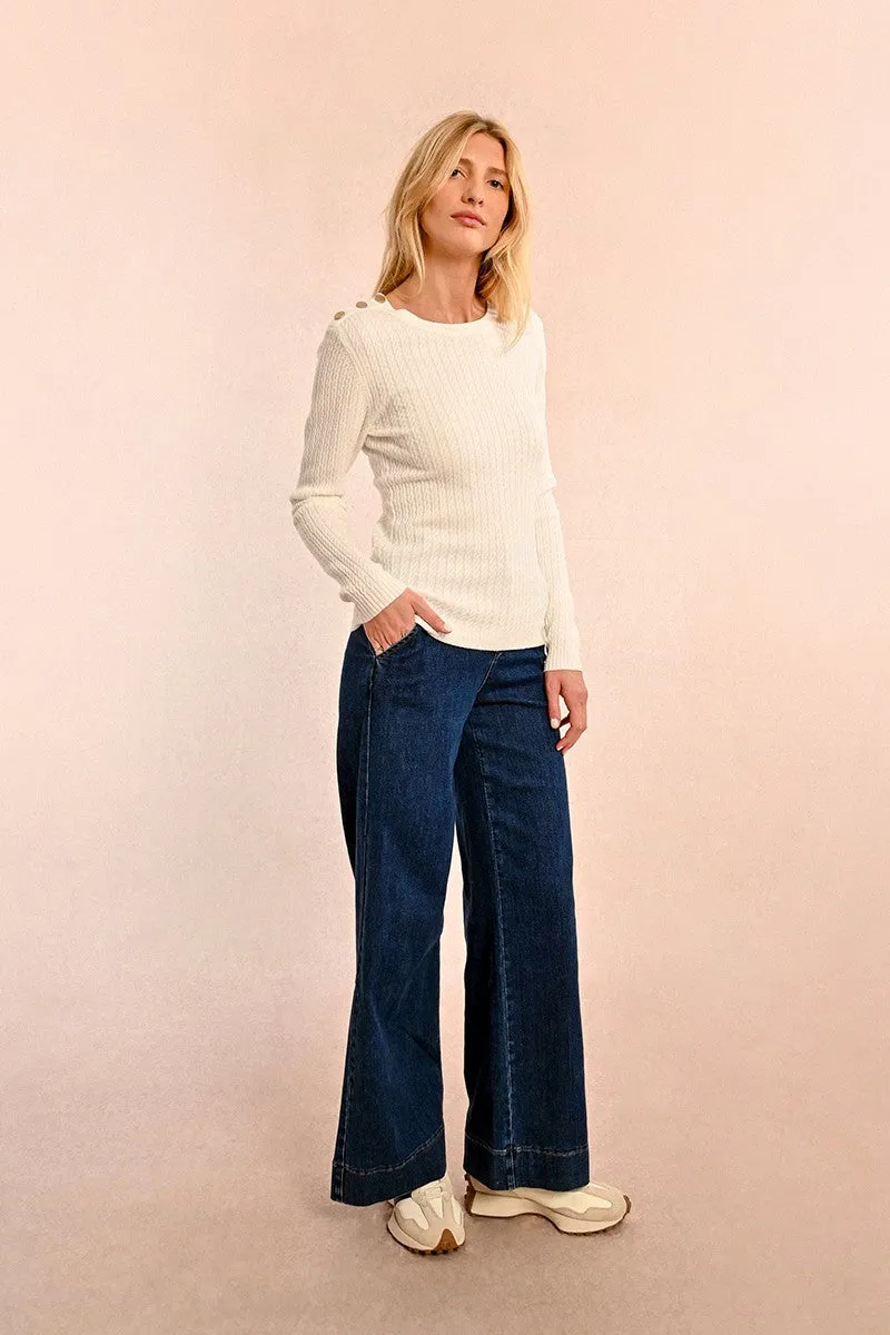 CABLE-KNIT SWEATER, BUTTONED SHOULDER TAB