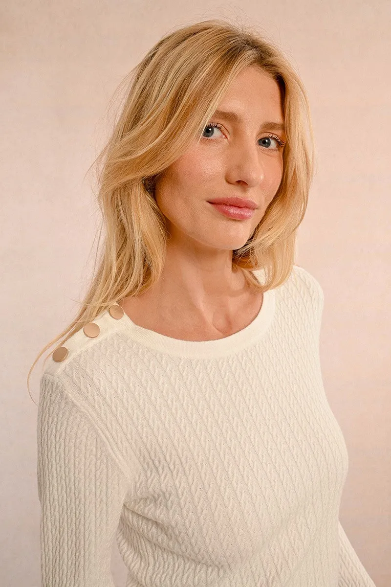 CABLE-KNIT SWEATER, BUTTONED SHOULDER TAB