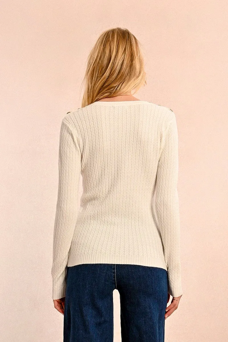 CABLE-KNIT SWEATER, BUTTONED SHOULDER TAB