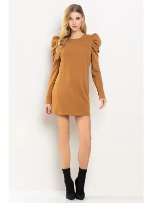 CAMEL PUFF SLEEVE DRESS