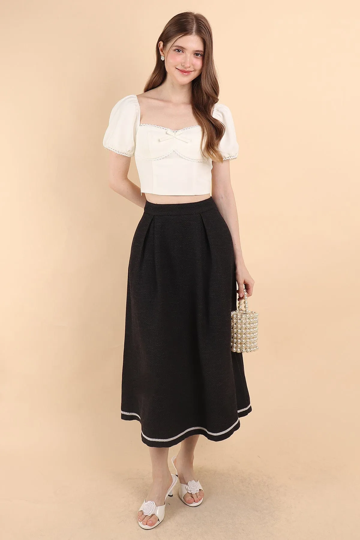 CAMILA PLEATED TWEED MAXI SKIRT IN BLACK
