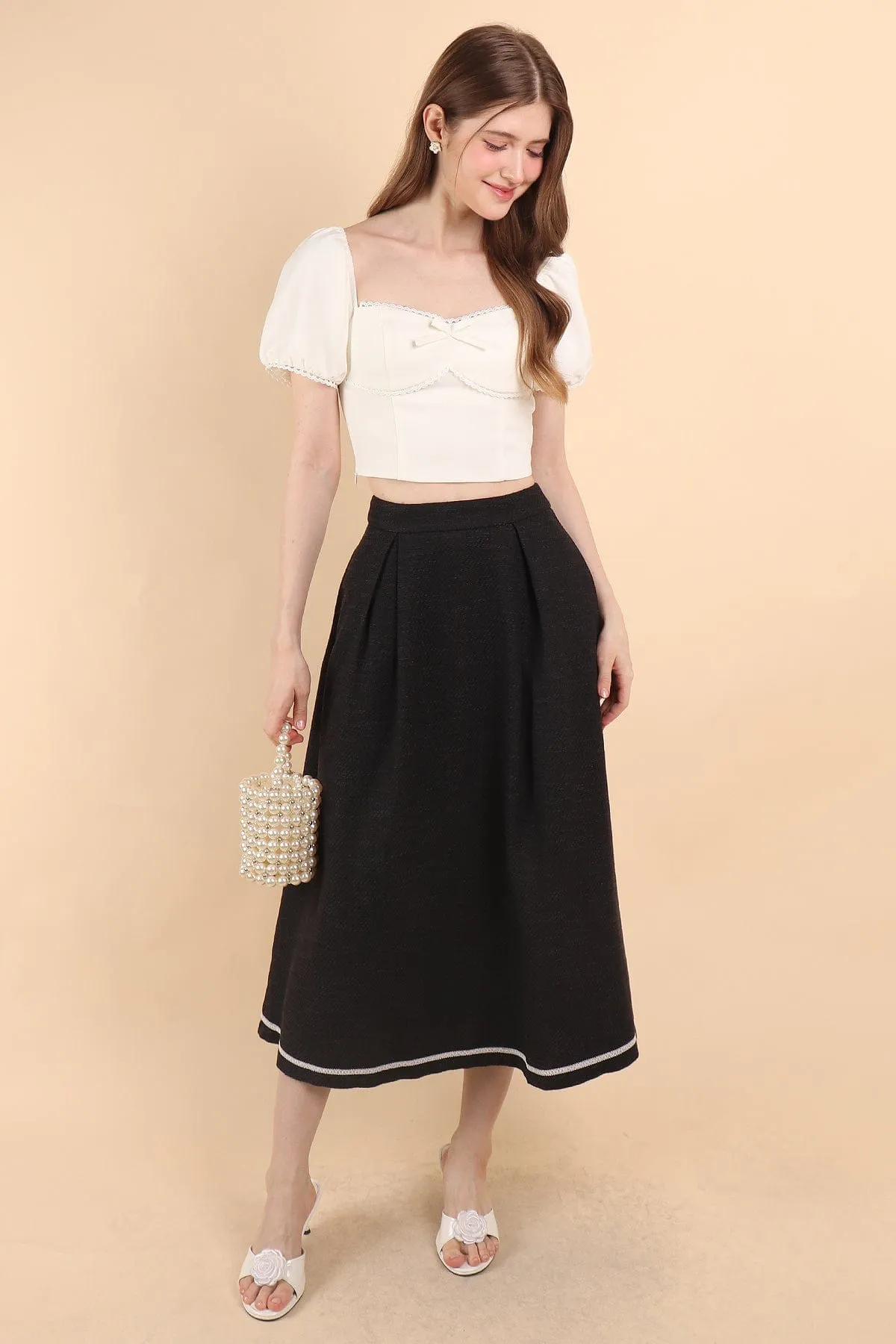 CAMILA PLEATED TWEED MAXI SKIRT IN BLACK