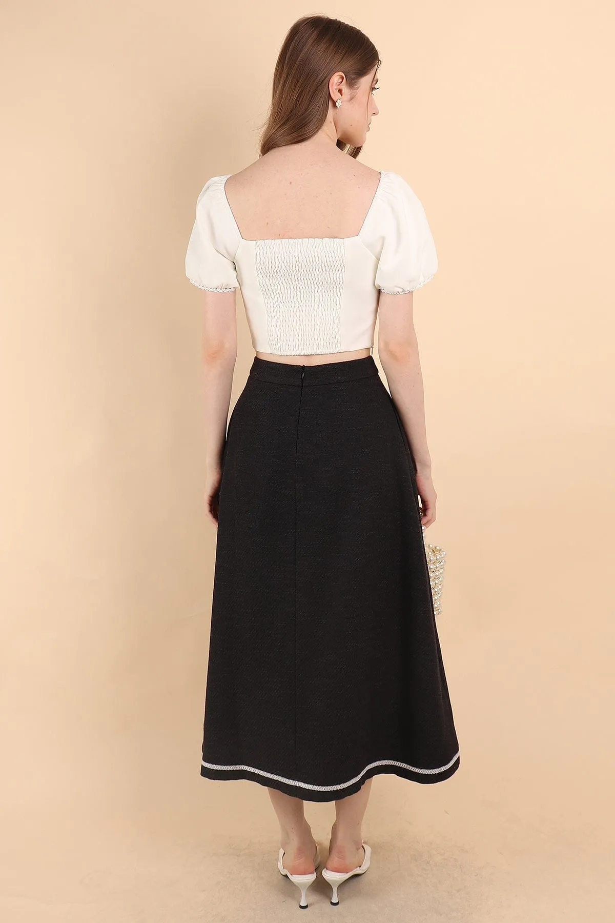 CAMILA PLEATED TWEED MAXI SKIRT IN BLACK