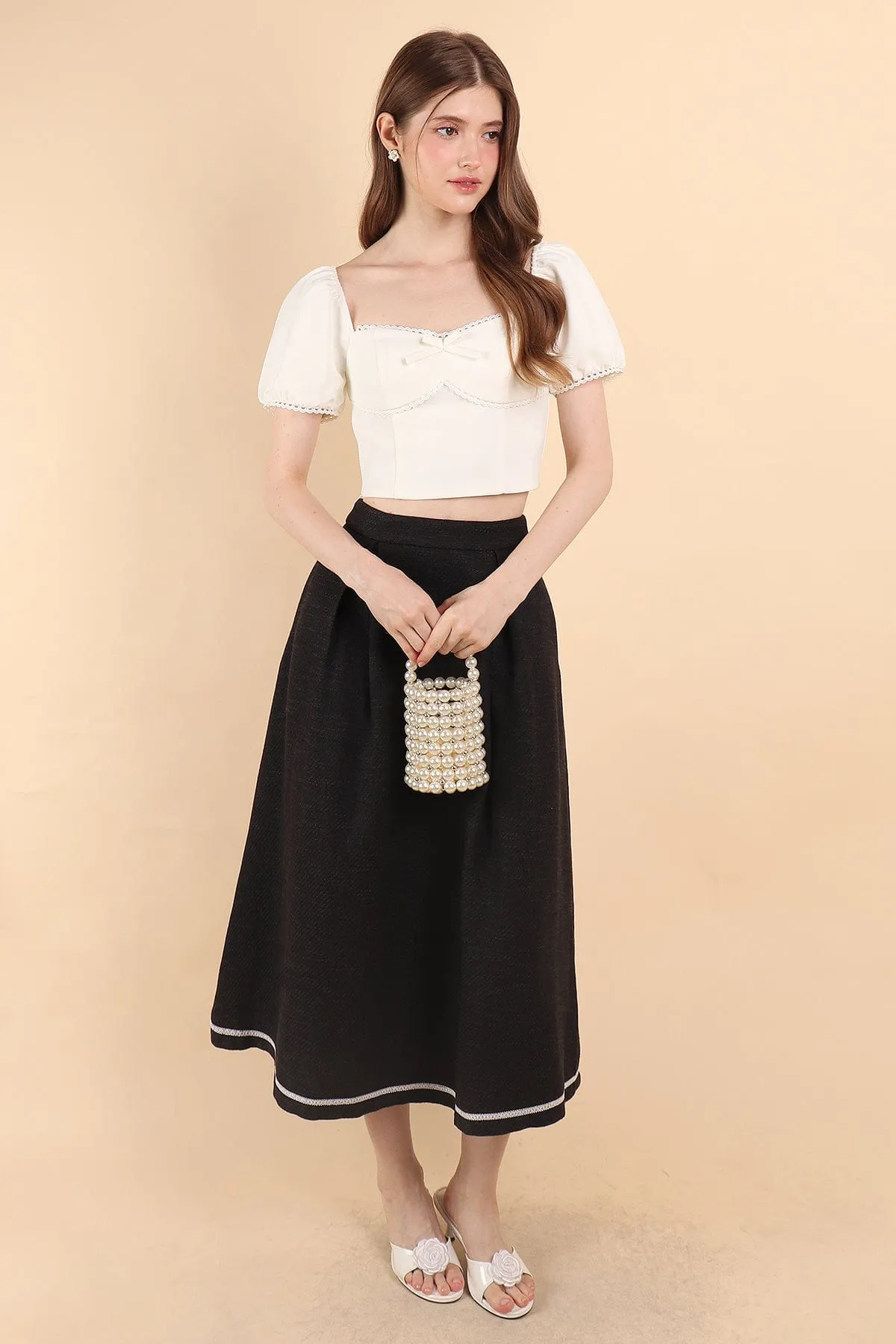 CAMILA PLEATED TWEED MAXI SKIRT IN BLACK