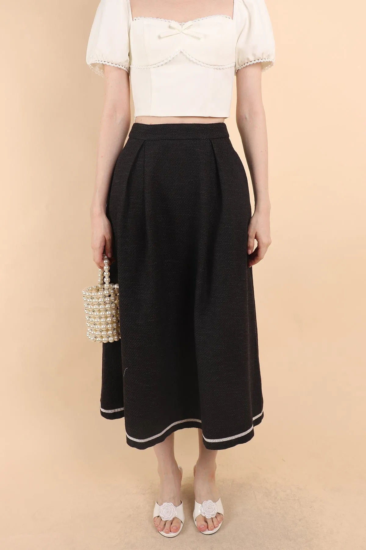 CAMILA PLEATED TWEED MAXI SKIRT IN BLACK