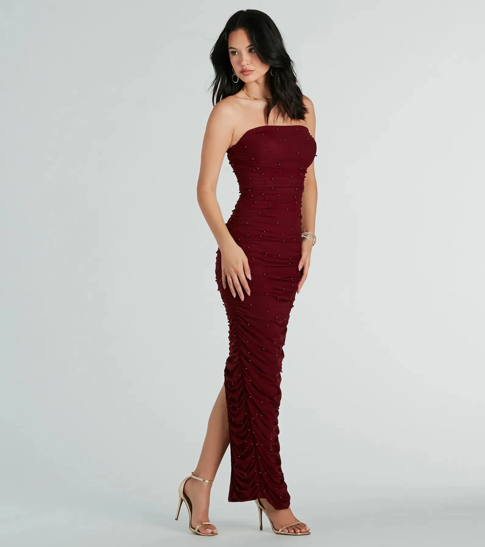 Caterina Formal Strapless Faux Pearl Long Dress