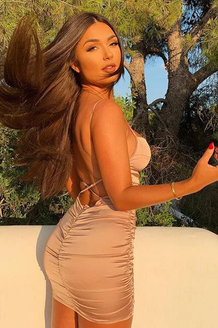 Champagne Satin Backless Ruched Mini Dress