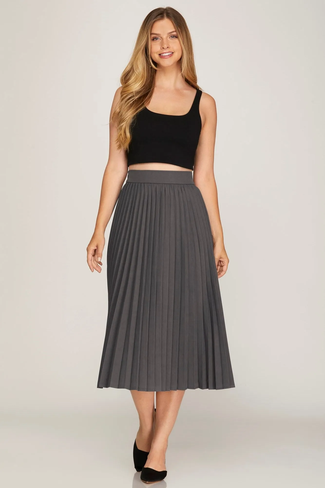 Charcoal Pleated Midi Skirt