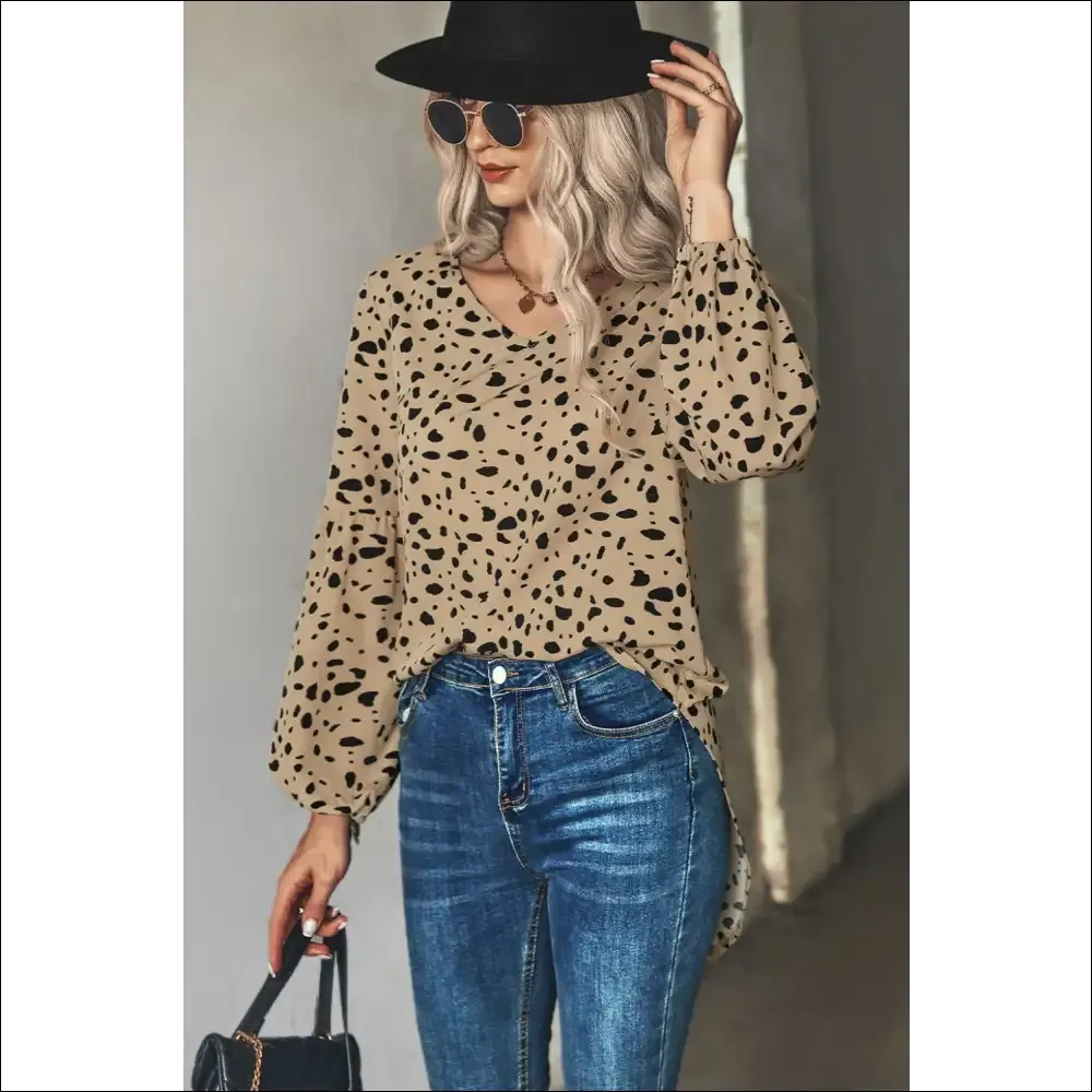 Chic Animal Print V-Neck High-Low Blouse