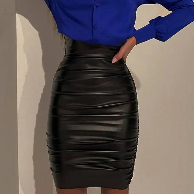 Chic High-Waist Ruched PU Bodycon Mini Skirt