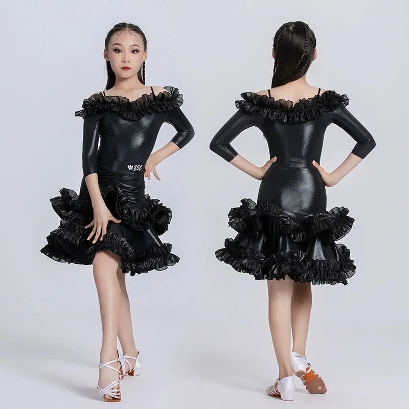 Children's Black Shiny Leather Latin Dance Dresses Salsa Ballroom Competition Dance Skirts Art Test Party Performance Ballroom Gown for Girls