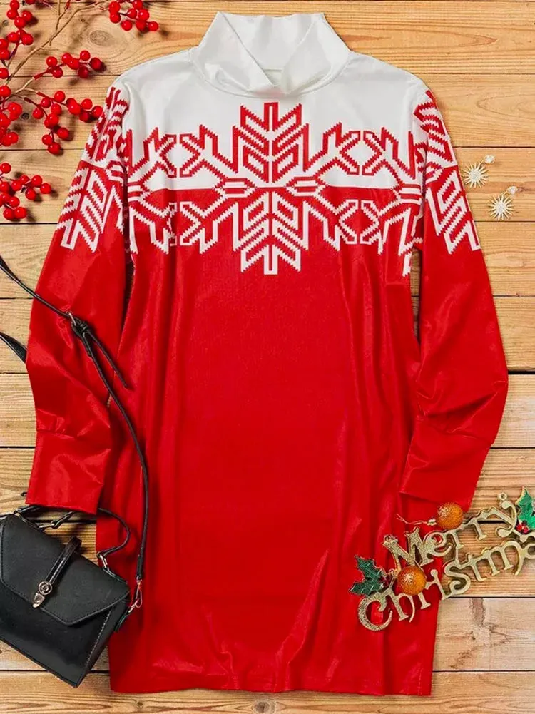 Christmas Printing Contrast Color Round-Neck Sweater Minidresses
