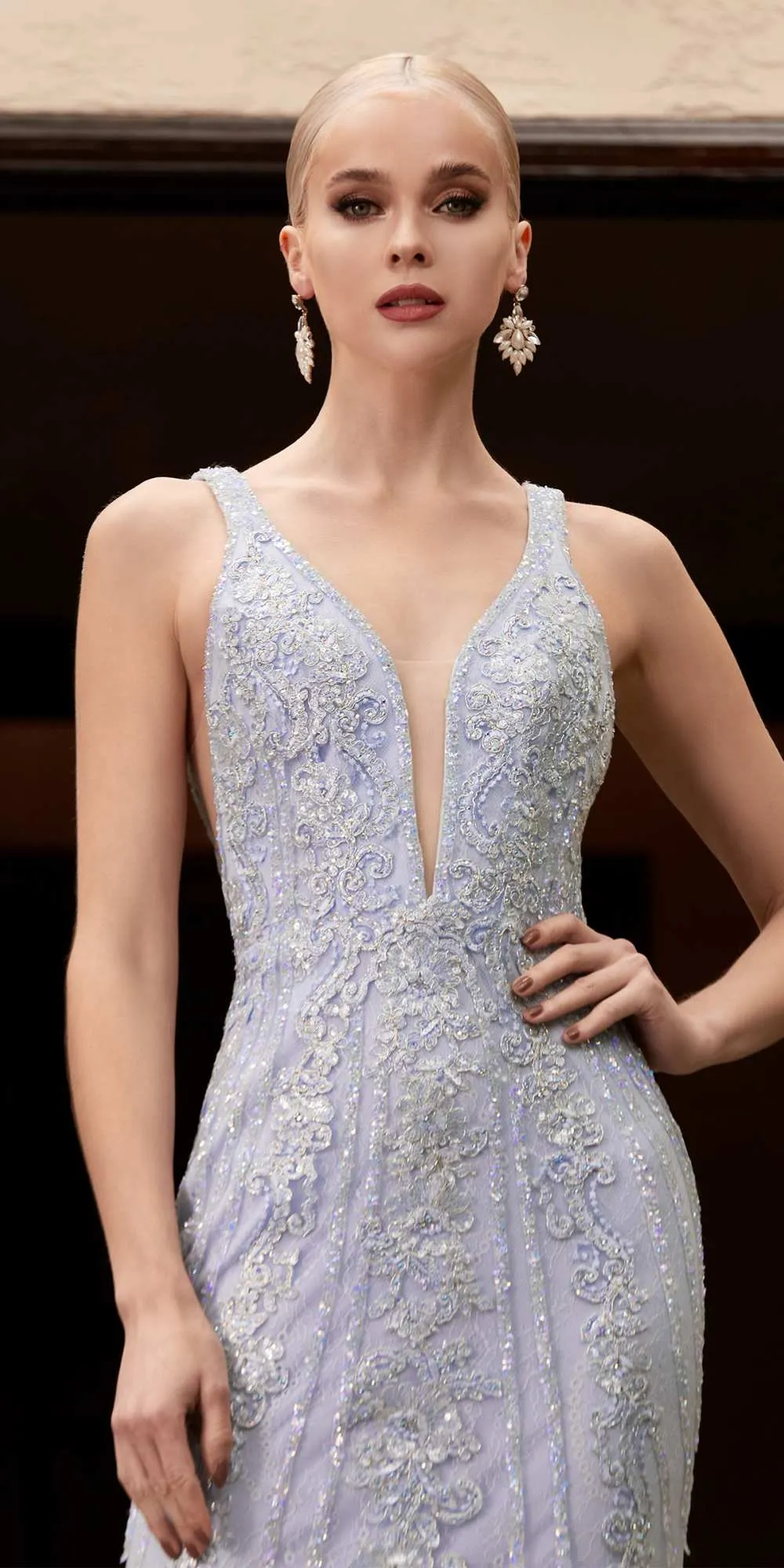 Cinderella Divine CD981 Long Pastel Column Beaded Lace Dress