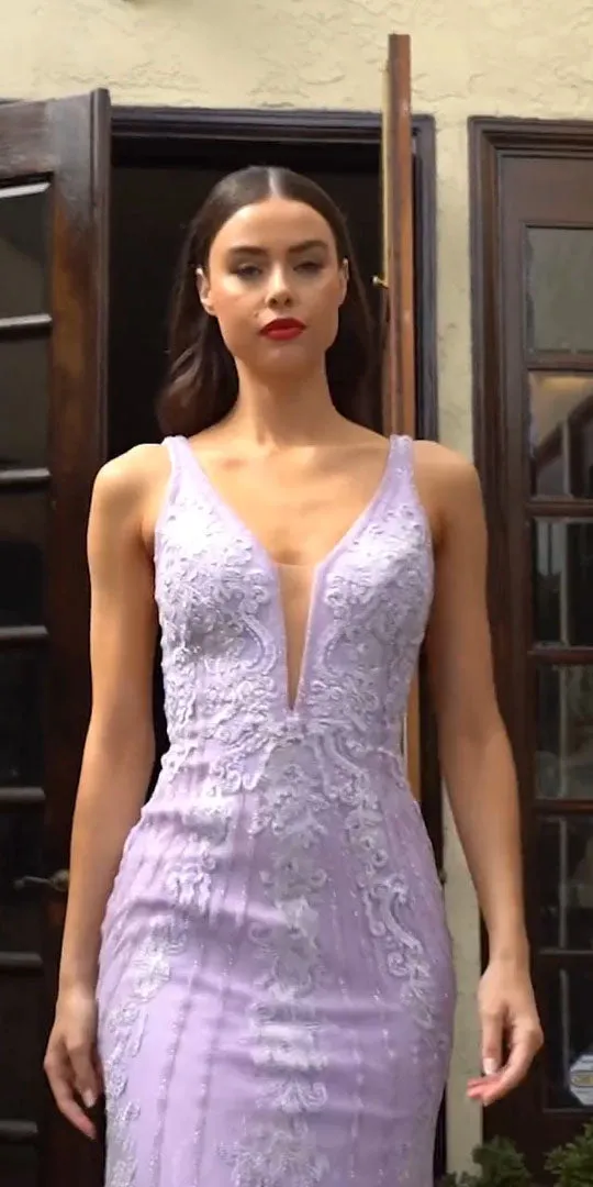 Cinderella Divine CD981 Long Pastel Column Beaded Lace Dress