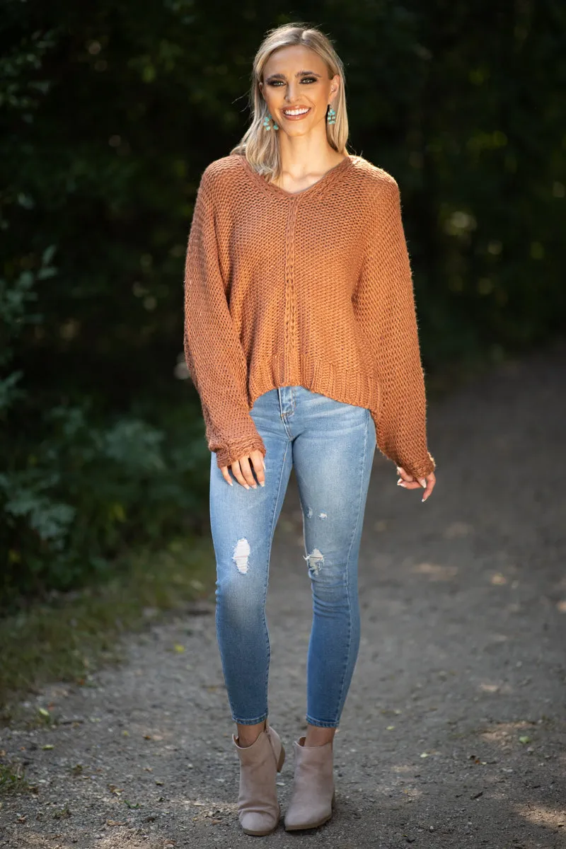 Cinnamon Front Seam V-Neck Sweater