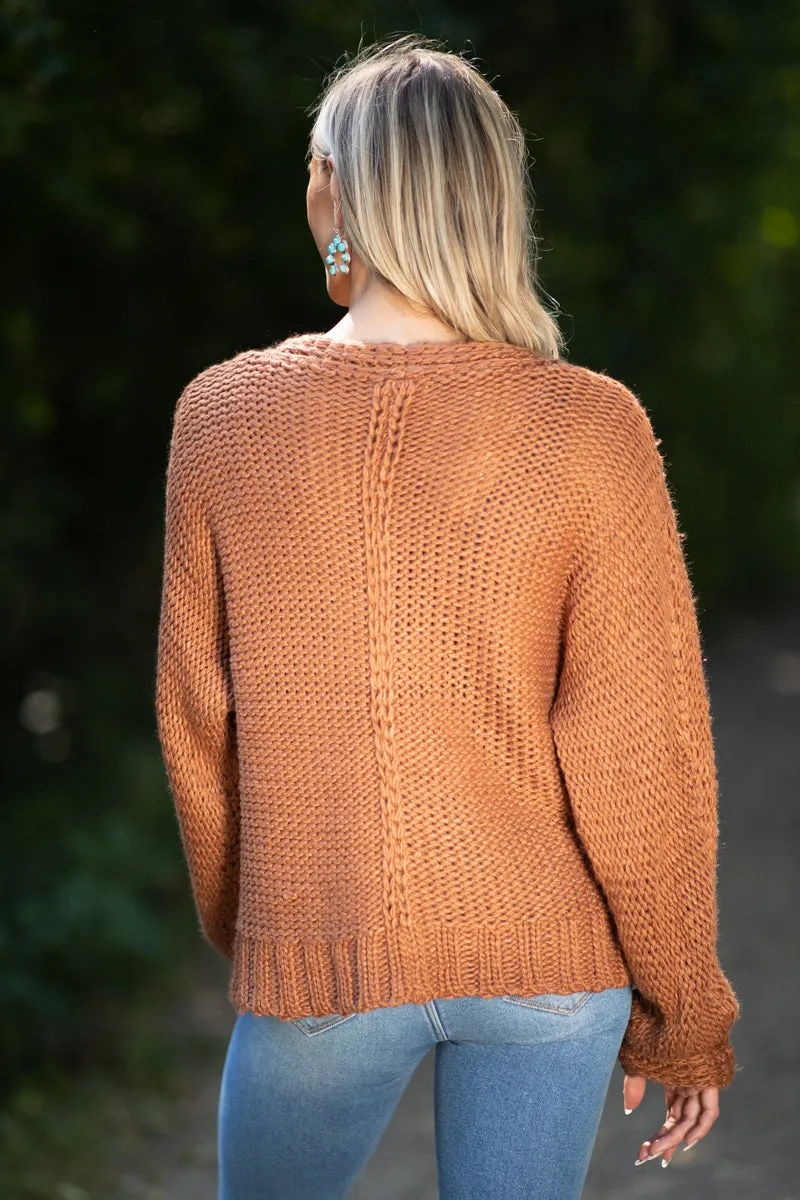 Cinnamon Front Seam V-Neck Sweater