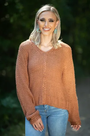 Cinnamon Front Seam V-Neck Sweater
