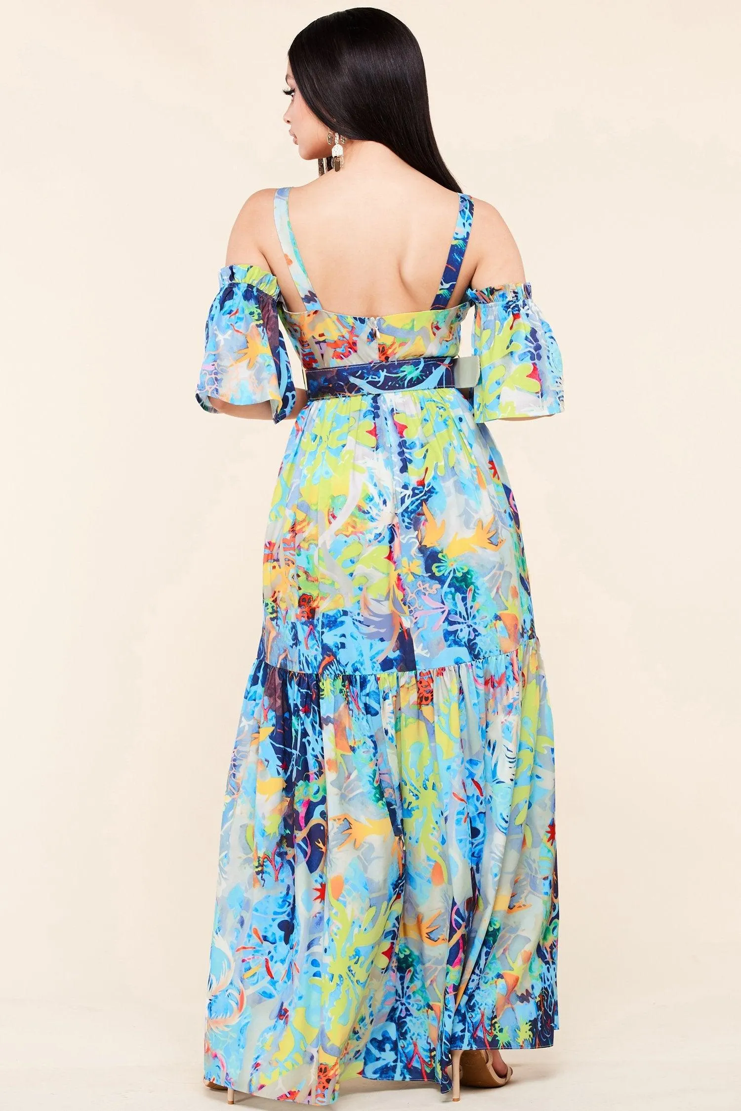 COLORFUL COLD SHOULDER MAXI DRESS