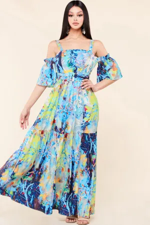 COLORFUL COLD SHOULDER MAXI DRESS
