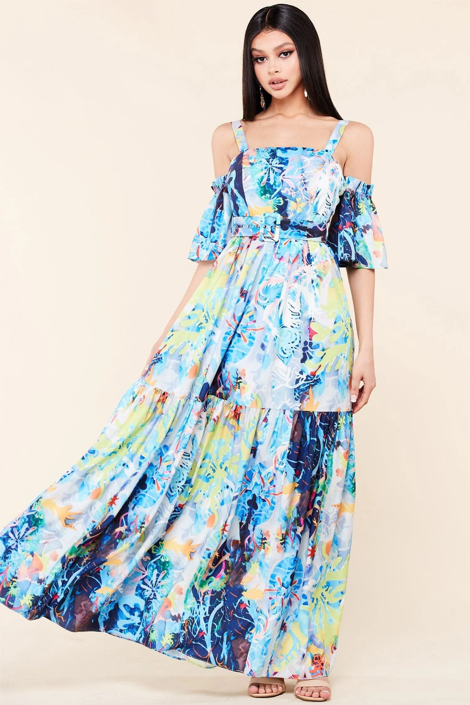 COLORFUL COLD SHOULDER MAXI DRESS