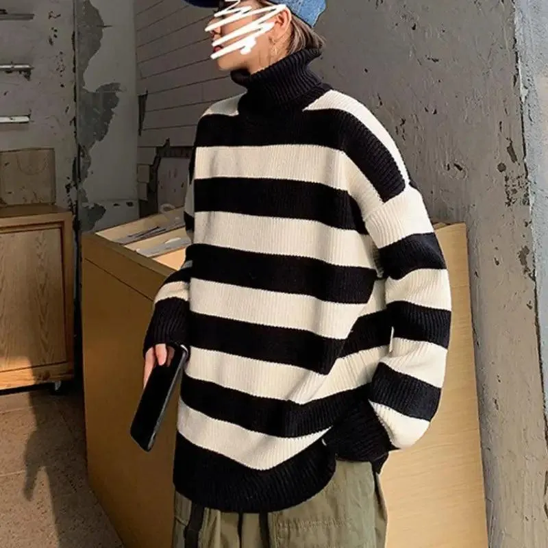 Comfortable Autumn Winter Knitted Striped Sweater Women Casual Oversized Pullovers Sweaters Loose Warm Jumper Streetwear Teen Knitwear