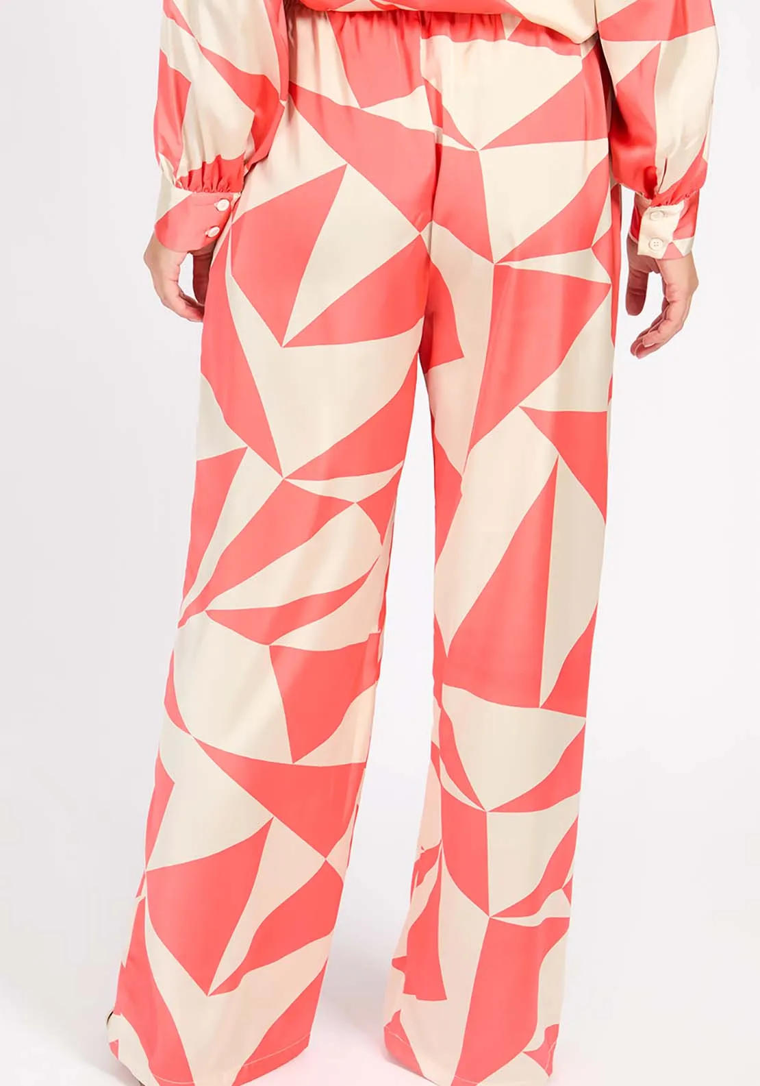 Coral Geo Print Satin Trousers - Coral