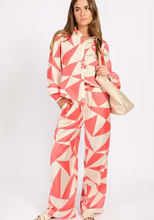 Coral Geo Print Satin Trousers - Coral