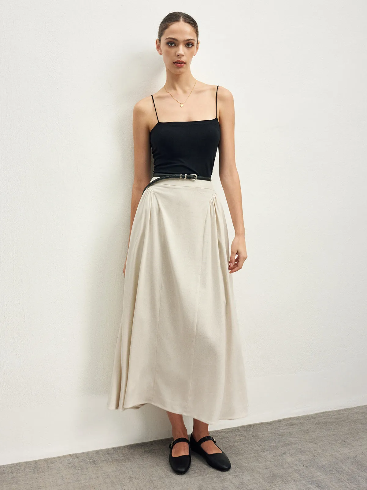 Cotton Blends Pleated Skirt Without Belt