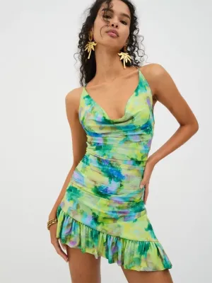 Cowl Neck Mini Dress with Ruched Design and Abstract Print