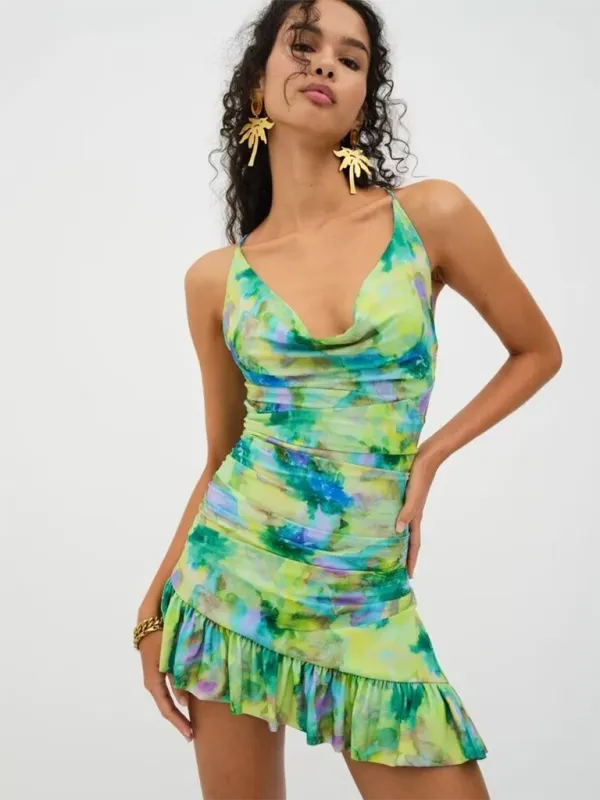 Cowl Neck Mini Dress with Ruched Design and Abstract Print