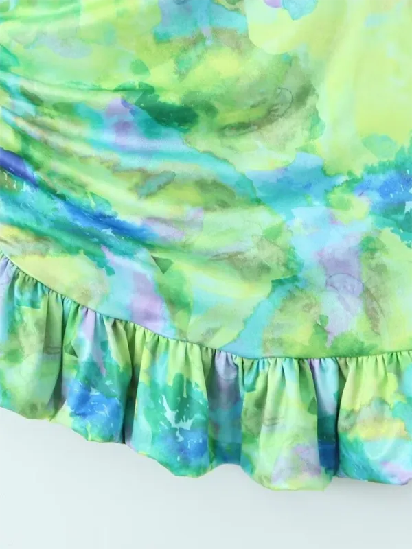 Cowl Neck Mini Dress with Ruched Design and Abstract Print