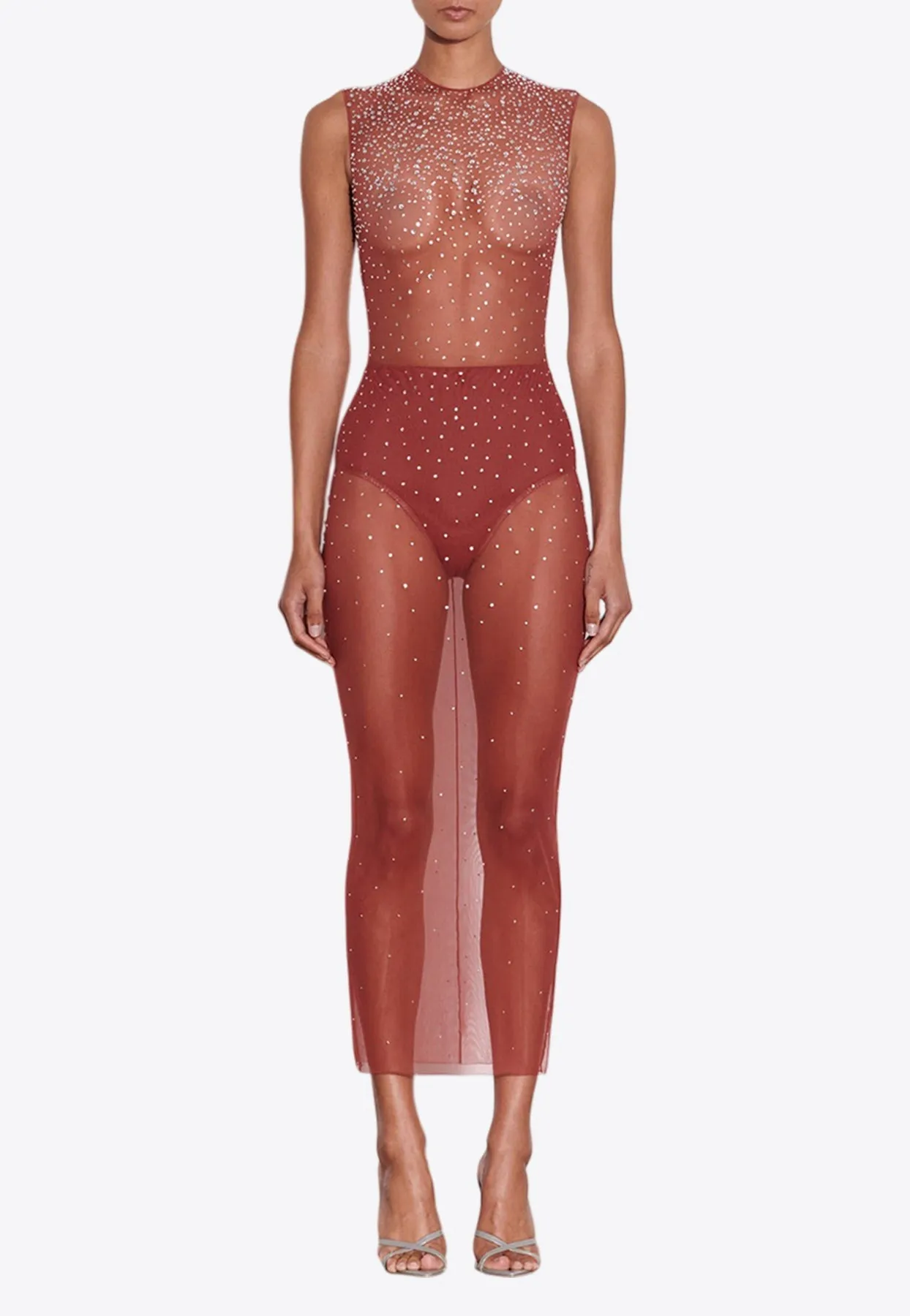 Crew Column Crystal Mesh Sheer Midi Dress