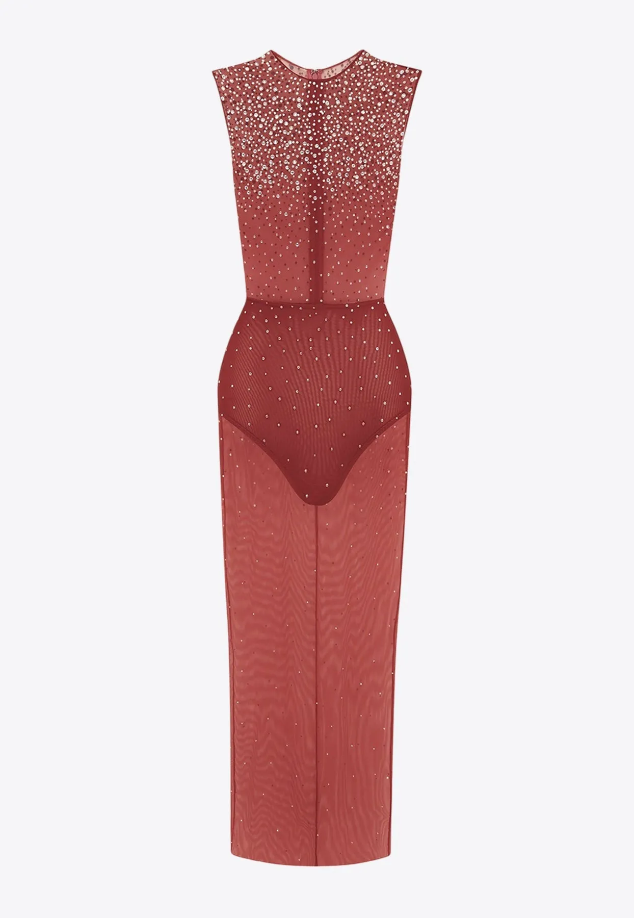 Crew Column Crystal Mesh Sheer Midi Dress